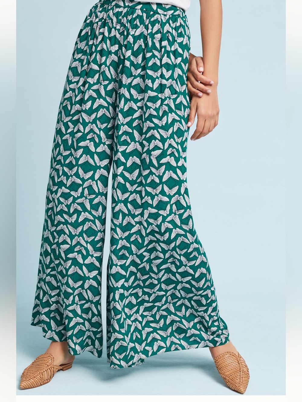 Anthropologie Maeve Acker Wide-Leg Pants  green butterfly pattern. SZ LG